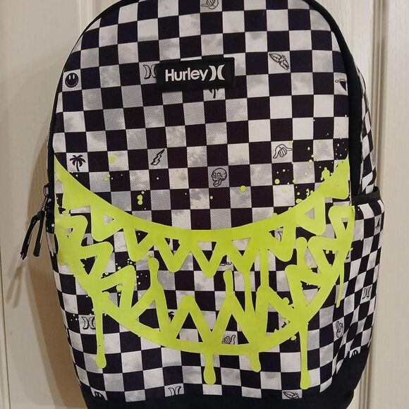 Hurley One & Only backpack Black White Checkerboard Neon Yellow Graphic - Picture 2 of 7